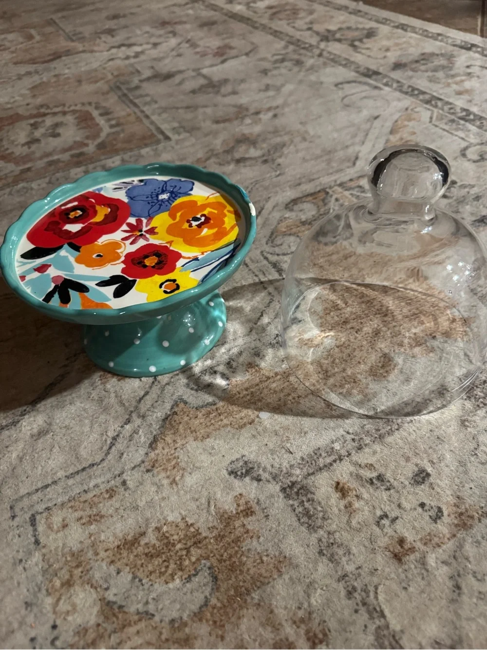 Hand-Painted Turquoise Floral Mini Cake Stand with Glass Dome